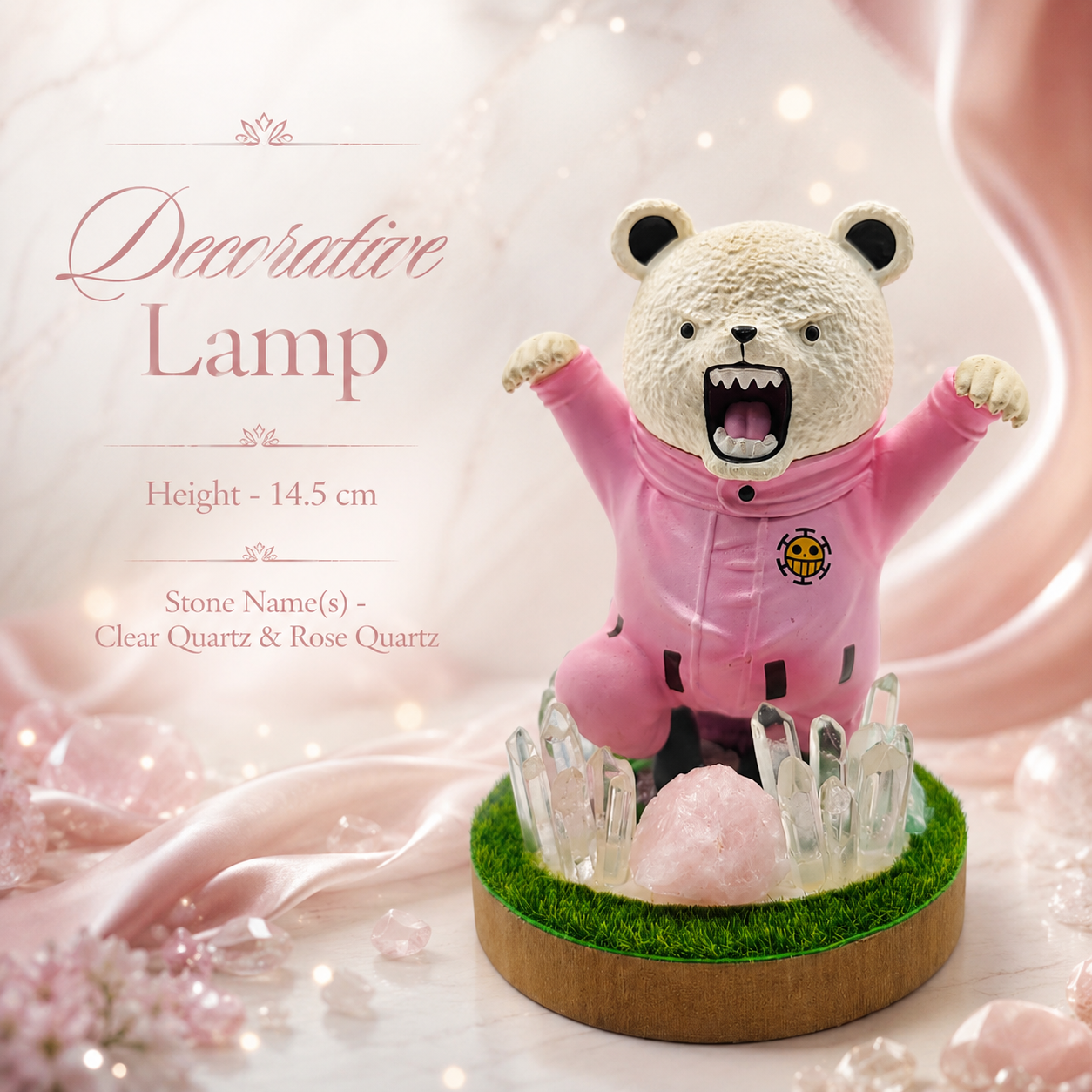 StoneMart Crystal Bear LED Decorative Lamp, Cheerful Bear Figurine in a Pink Boilersuit with Natural Clear Quartz & Rose Quartz on Grass Base (14.5 cm) 4