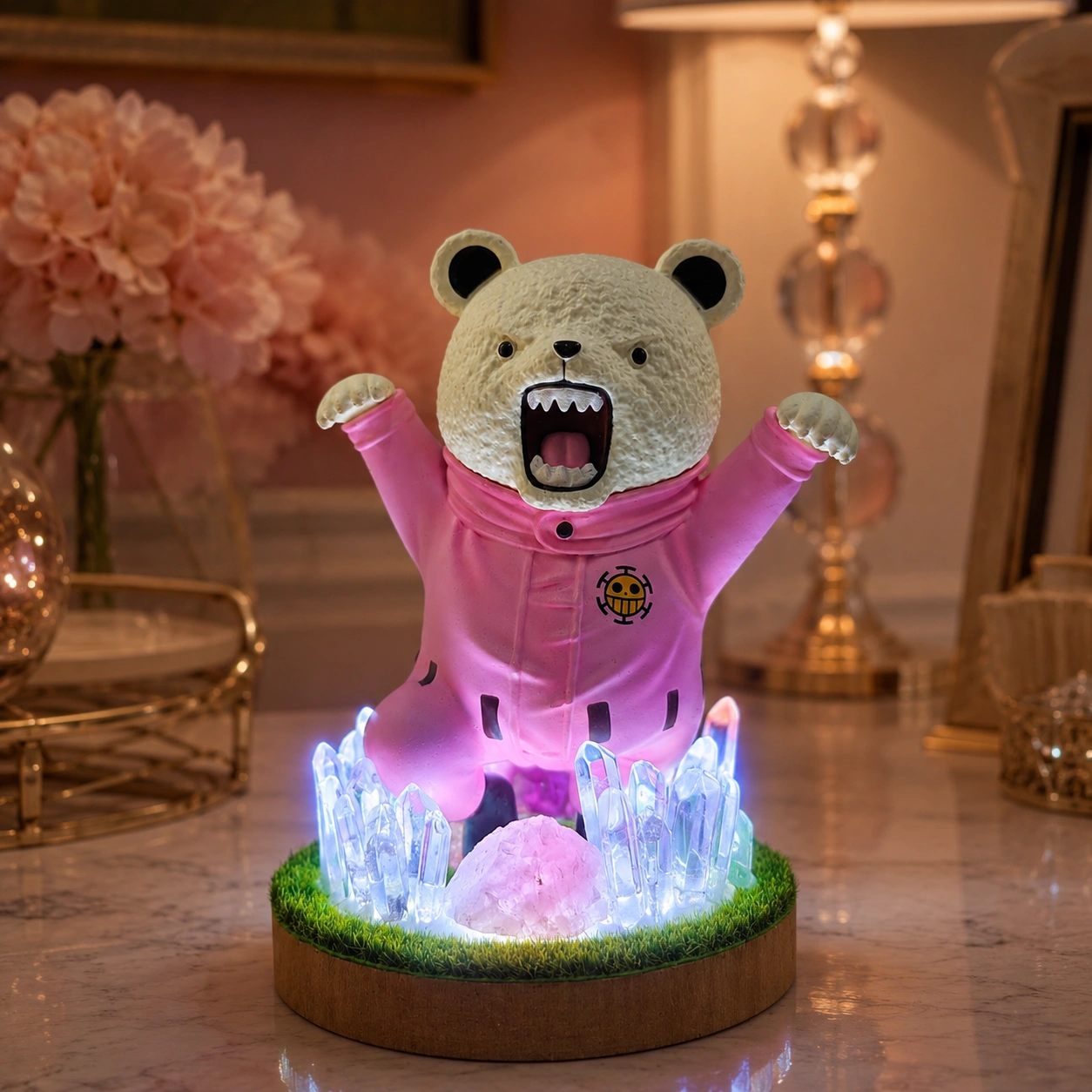 StoneMart Crystal Bear LED Decorative Lamp, Cheerful Bear Figurine in a Pink Boilersuit with Natural Clear Quartz & Rose Quartz on Grass Base (14.5 cm) 1