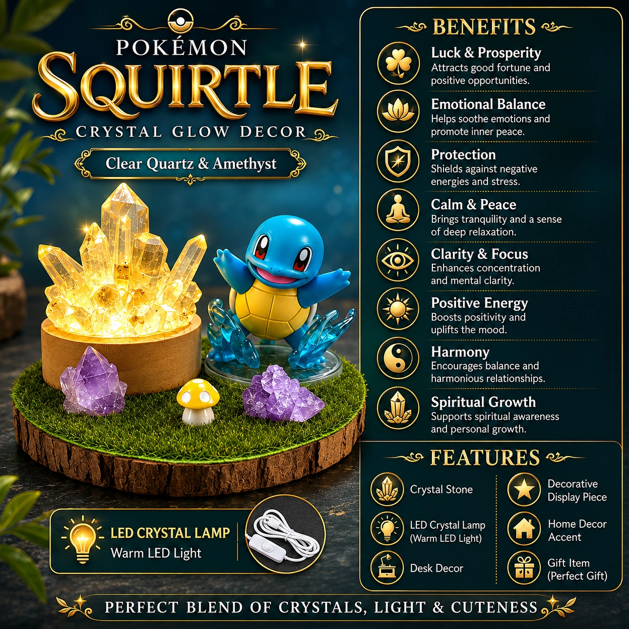 StoneMart Crystal Glow LED Decorative Lamp, Cute Blue Cartoon Turtle Figurine with Natural Clear Quartz & Amethyst on Grass Base (8.7 cm) 4