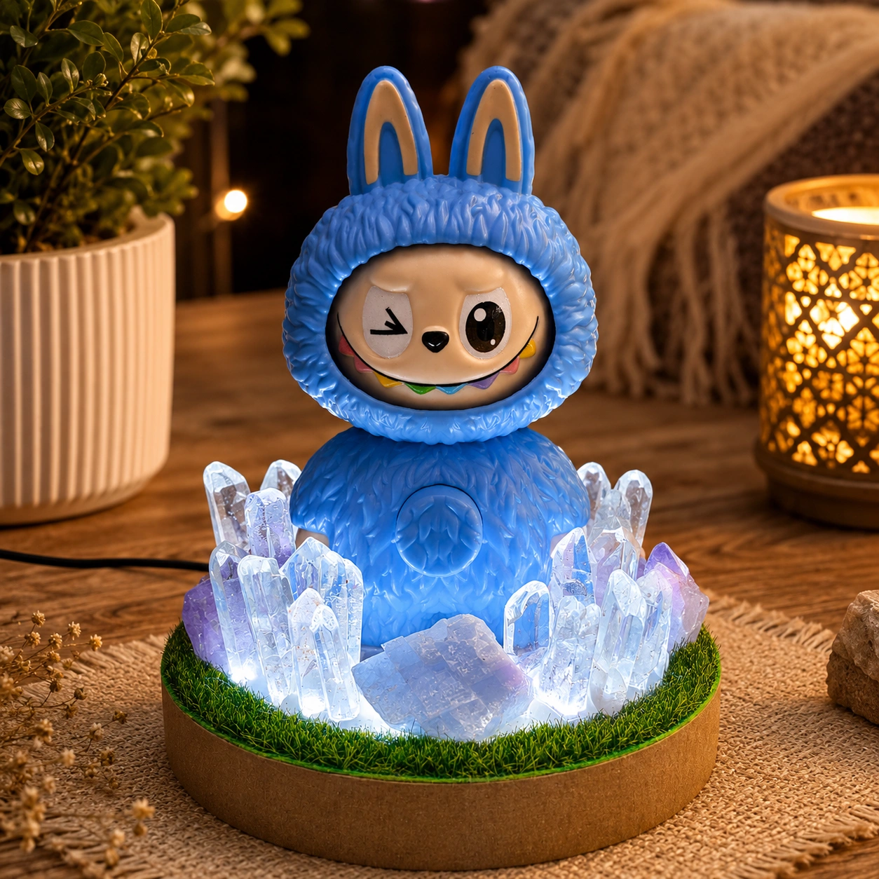 StoneMart Crystal Guardian Multi-Color LED Decorative Lamp, Blue Bunny Creature Figurine with Natural Clear Quartz, Blue Calcite, Amethyst & Rose Quartz on Grass Base (12 cm)