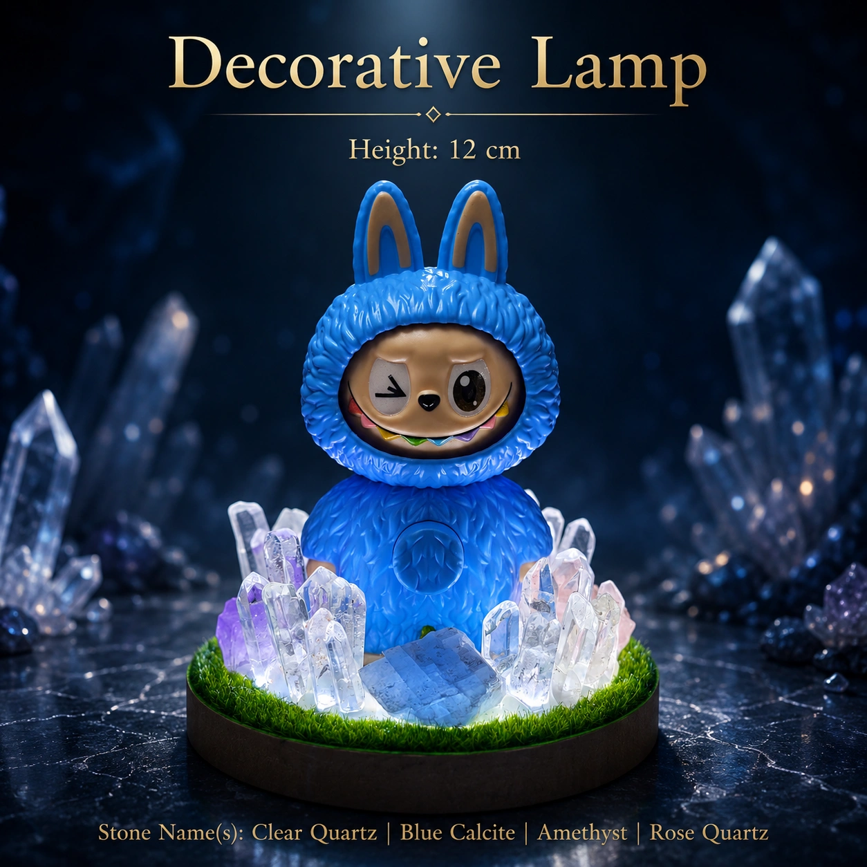 StoneMart Crystal Guardian Multi-Color LED Decorative Lamp, Blue Bunny Creature Figurine with Natural Clear Quartz, Blue Calcite, Amethyst & Rose Quartz on Grass Base (12 cm) — view 3