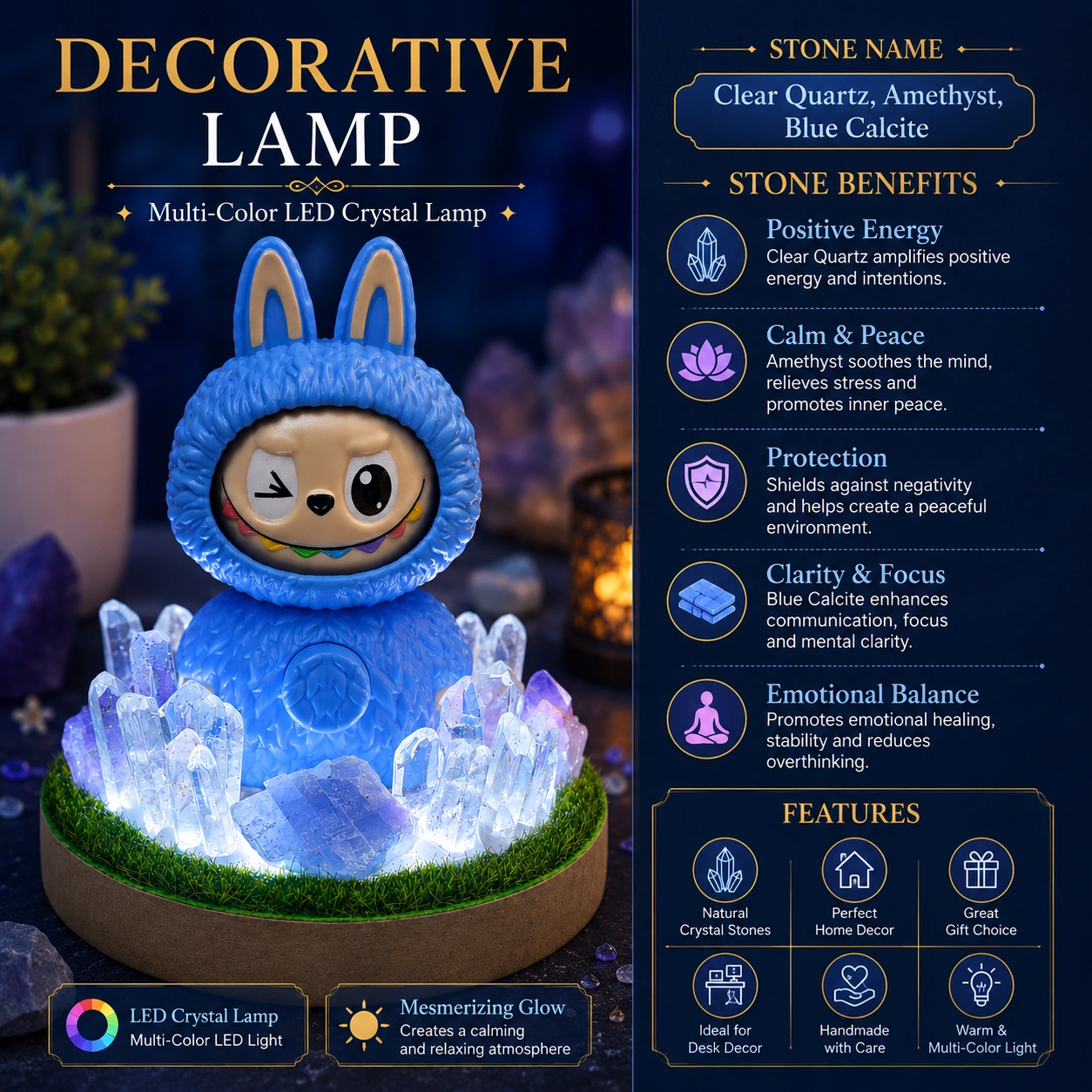 StoneMart Crystal Guardian Multi-Color LED Decorative Lamp, Blue Bunny Creature Figurine with Natural Clear Quartz, Blue Calcite, Amethyst & Rose Quartz on Grass Base (12 cm) — view 4