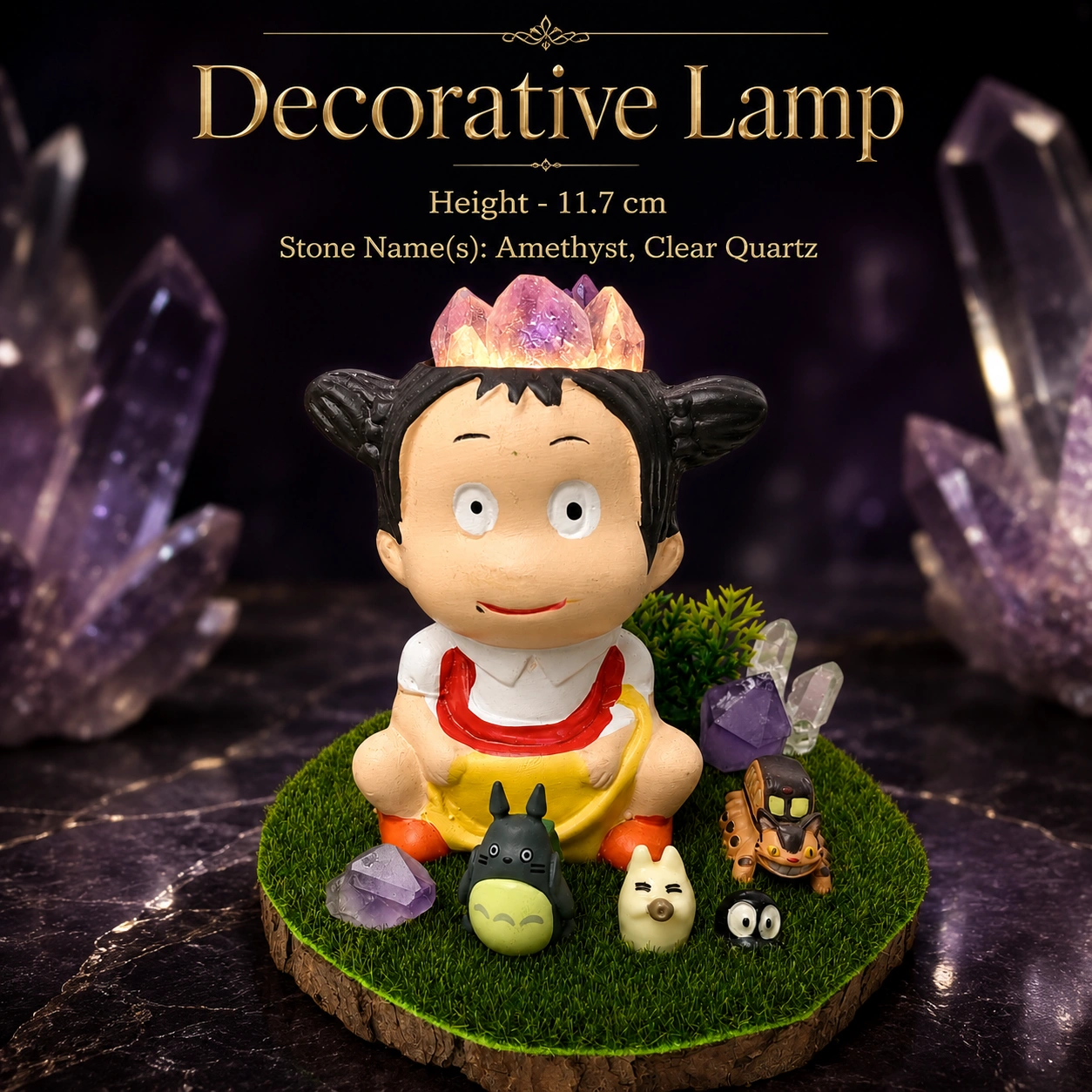 StoneMart Crystal Woodland Child LED Decorative Lamp, Anime-Style Child Figurine with Forest Creatures & Natural Amethyst & Clear Quartz on Grass Base (11.7 cm) 4