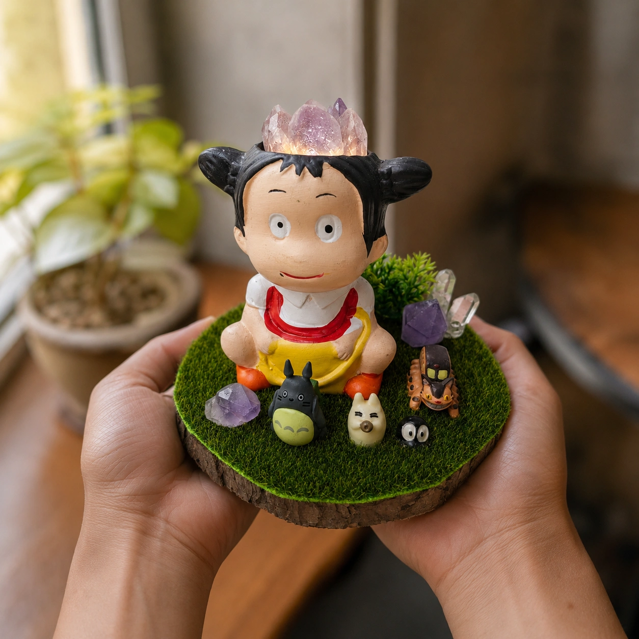 StoneMart Crystal Woodland Child LED Decorative Lamp, Anime-Style Child Figurine with Forest Creatures & Natural Amethyst & Clear Quartz on Grass Base (11.7 cm) 3
