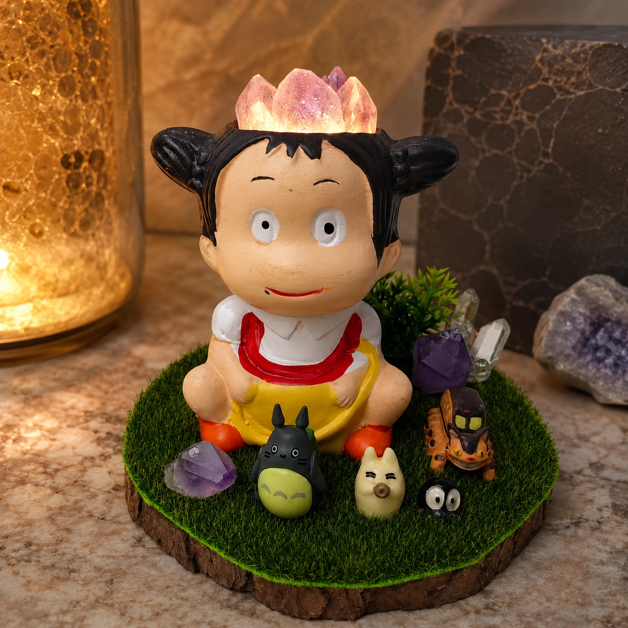 StoneMart Crystal Woodland Child LED Decorative Lamp, Anime-Style Child Figurine with Forest Creatures & Natural Amethyst & Clear Quartz on Grass Base (11.7 cm) 1