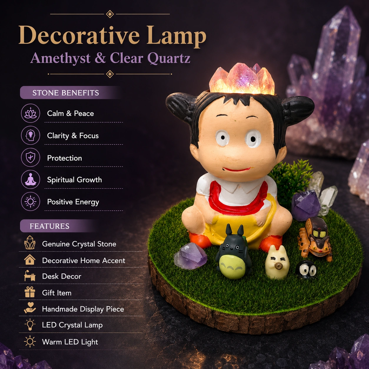 StoneMart Crystal Woodland Child LED Decorative Lamp, Anime-Style Child Figurine with Forest Creatures & Natural Amethyst & Clear Quartz on Grass Base (11.7 cm) 5