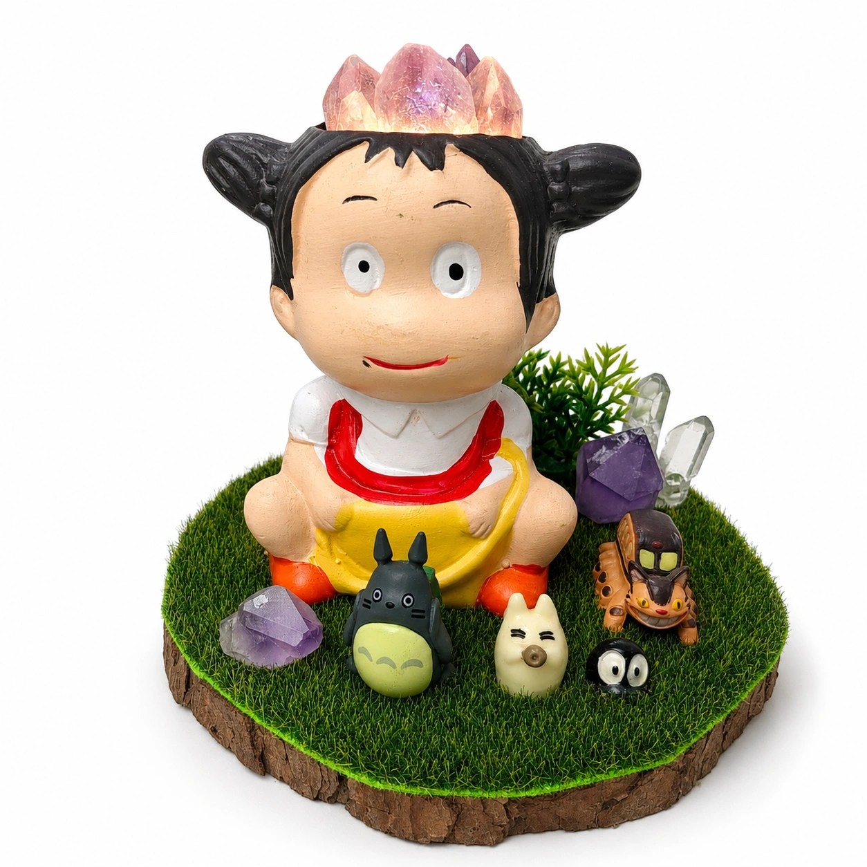StoneMart Crystal Woodland Child LED Decorative Lamp, Anime-Style Child Figurine with Forest Creatures & Natural Amethyst & Clear Quartz on Grass Base (11.7 cm) 2