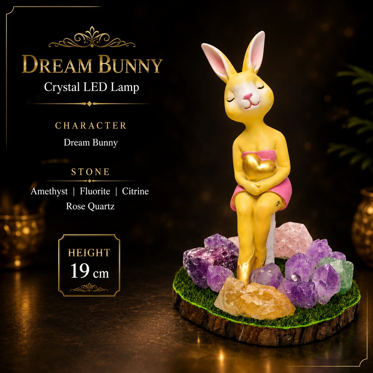 Bunny Crystal LED Decorative Lamp, Elegant Rabbit Figurine with Golden Heart and Natural Amethyst, Fluorite, Citrine & Rose Quartz on Grass Base (19 cm) 4