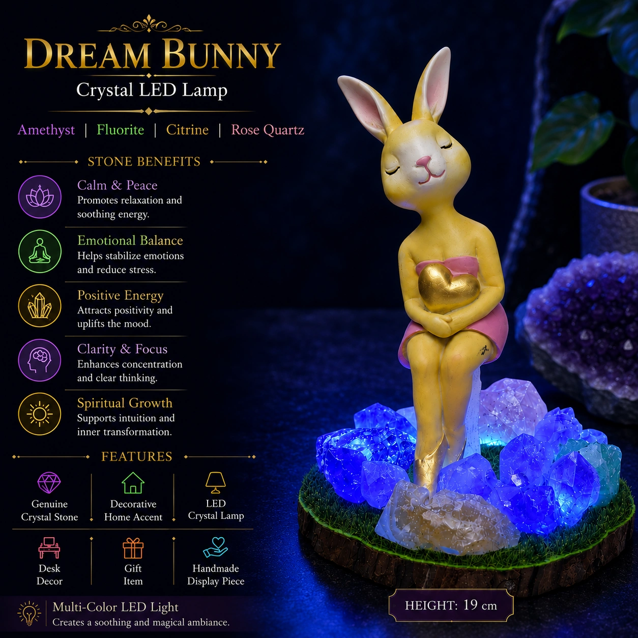 Bunny Crystal LED Decorative Lamp, Elegant Rabbit Figurine with Golden Heart and Natural Amethyst, Fluorite, Citrine & Rose Quartz on Grass Base (19 cm) 5