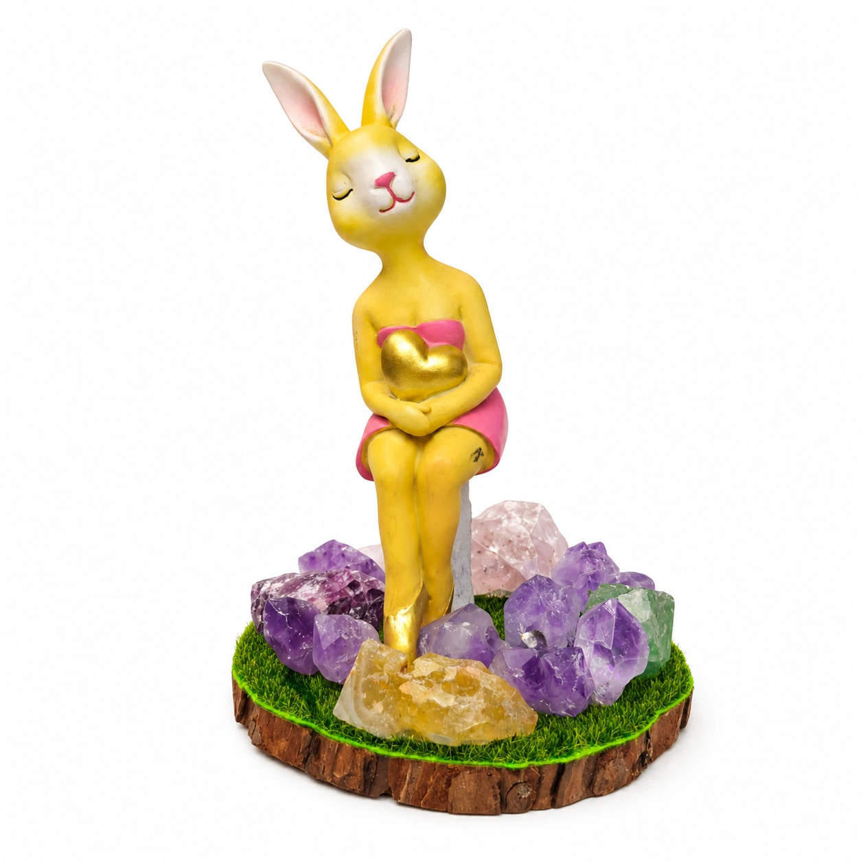 Bunny Crystal LED Decorative Lamp, Elegant Rabbit Figurine with Golden Heart and Natural Amethyst, Fluorite, Citrine & Rose Quartz on Grass Base (19 cm) 2