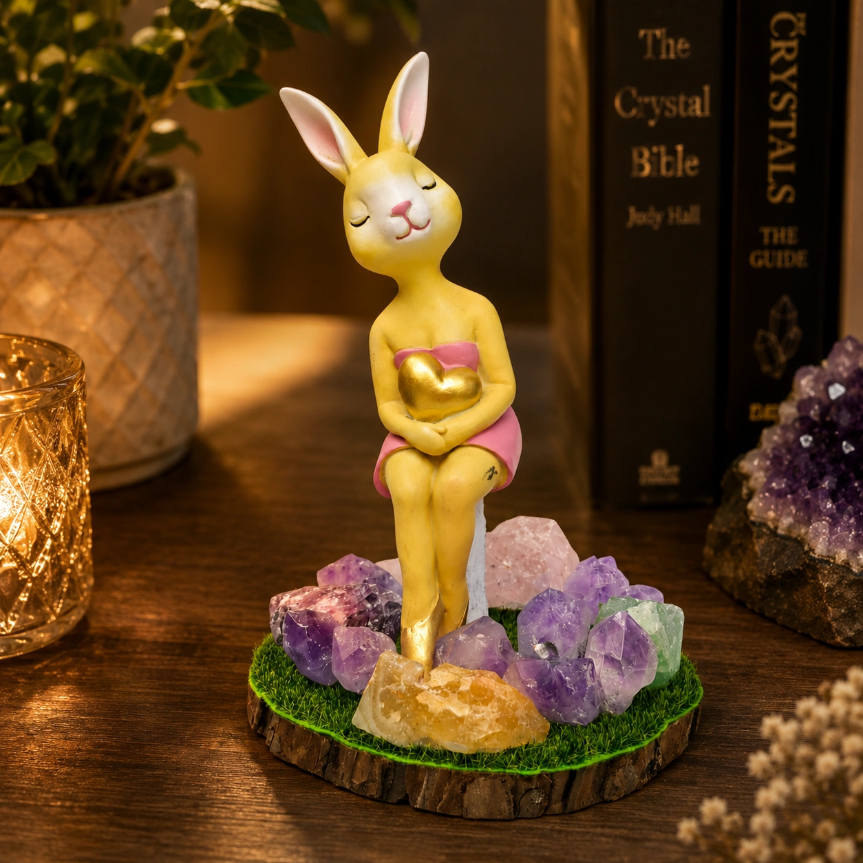 Bunny Crystal LED Decorative Lamp, Elegant Rabbit Figurine with Golden Heart and Natural Amethyst, Fluorite, Citrine & Rose Quartz on Grass Base (19 cm) 1