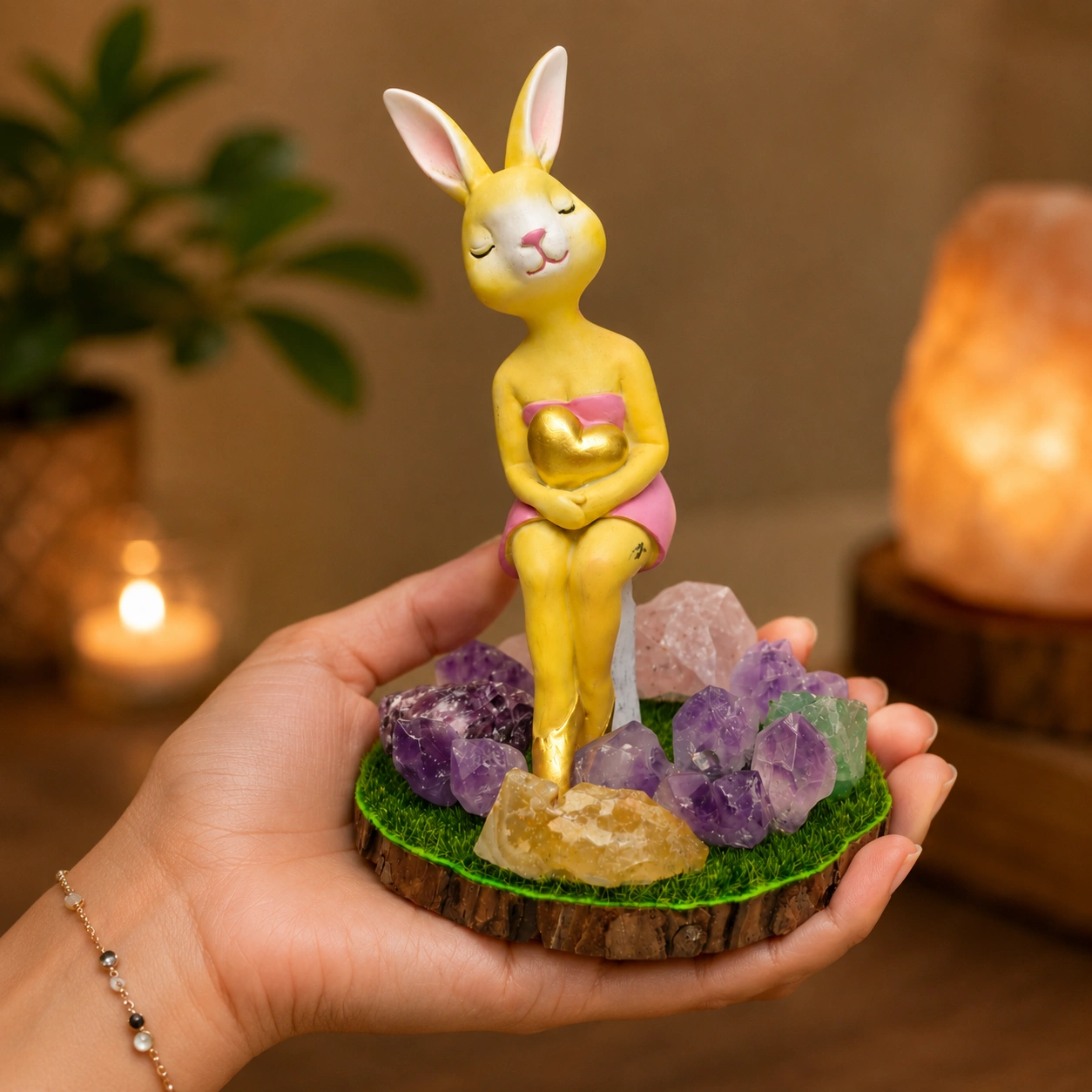 Bunny Crystal LED Decorative Lamp, Elegant Rabbit Figurine with Golden Heart and Natural Amethyst, Fluorite, Citrine & Rose Quartz on Grass Base (19 cm) 3